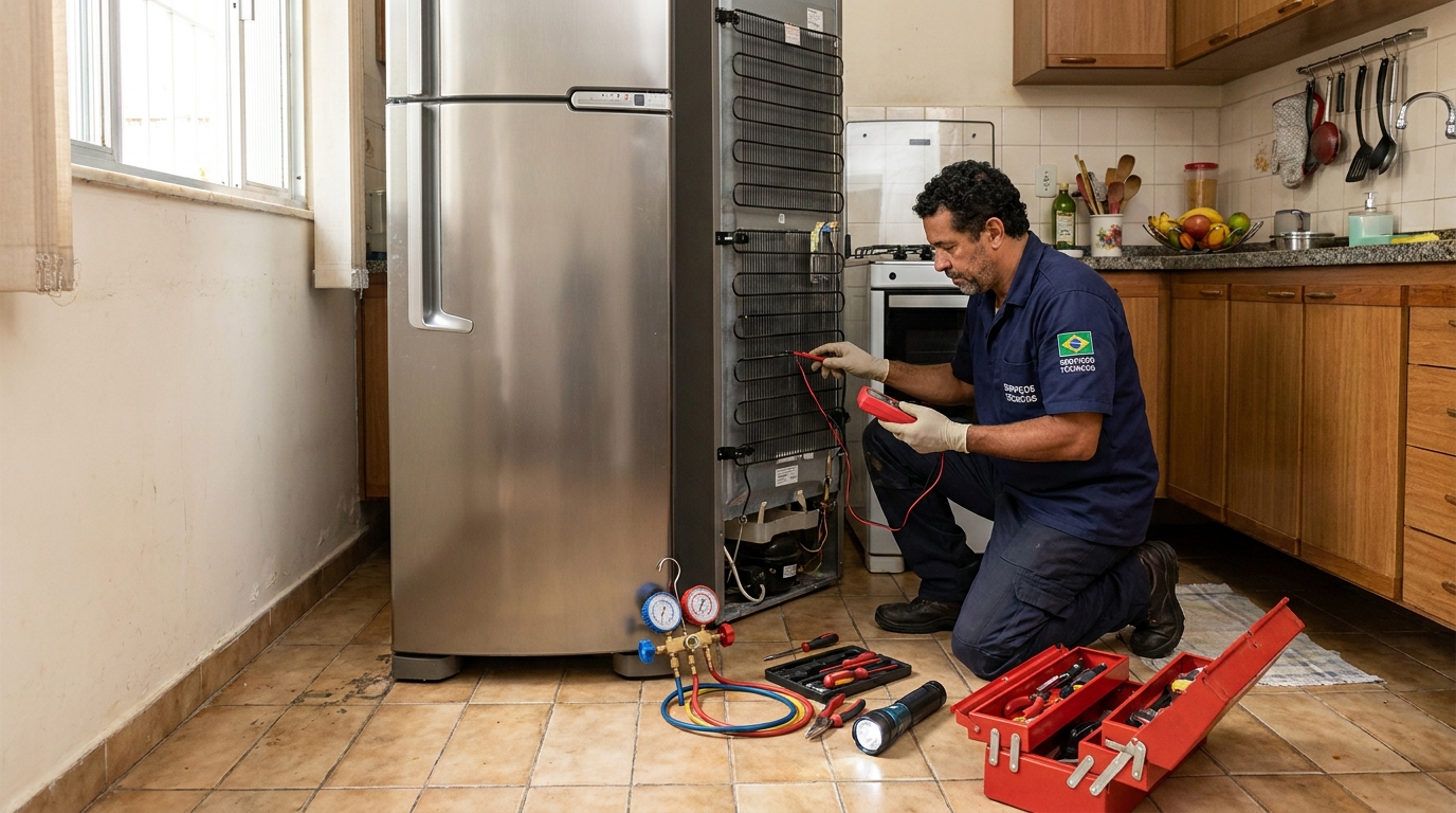 Técnico realizando manutenção de motor de geladeira em Blumenau‑SC