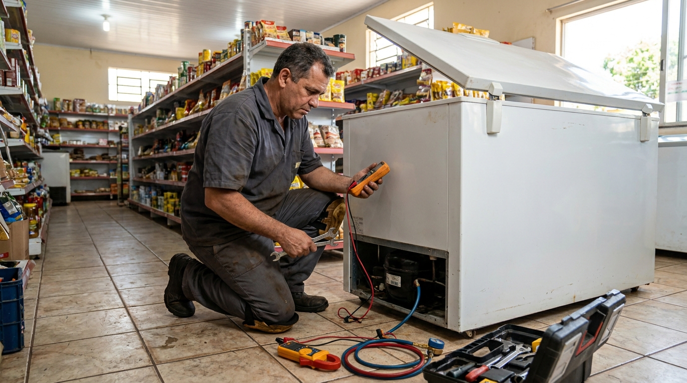 Troca de termostato de freezer em atendimento técnico em Blumenau‑SC